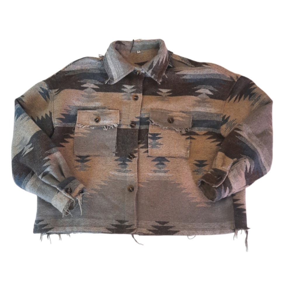 Aztec Raw Hem Shacket Tapestry